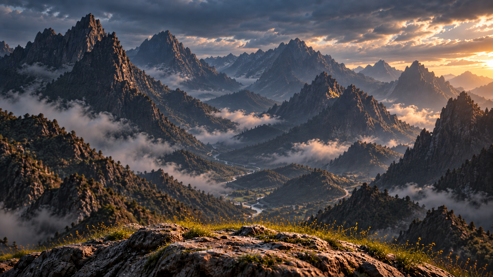 A vast mountain environment at sunrise