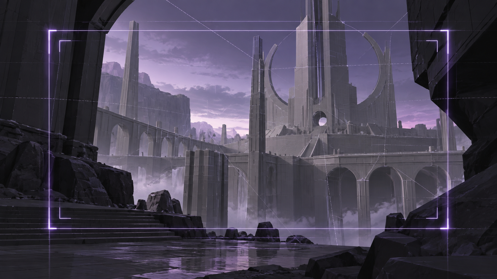 Gray wireframe scene used to plan framing and camera composition