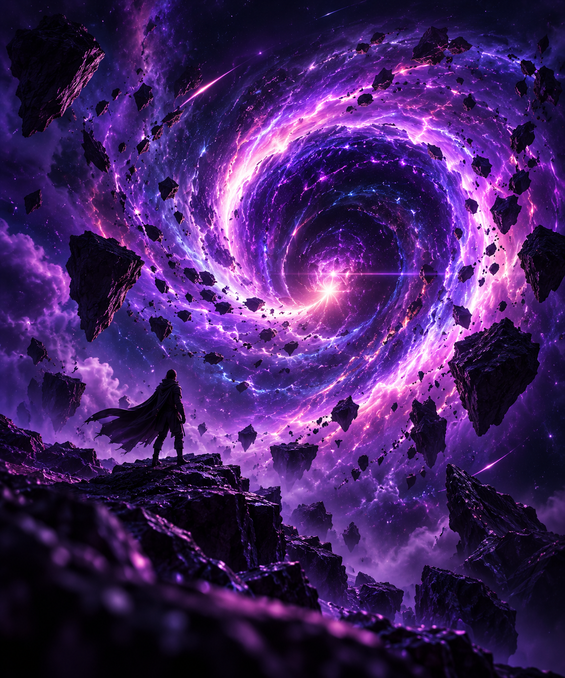 A cinematic purple vortex above a fantasy landscape