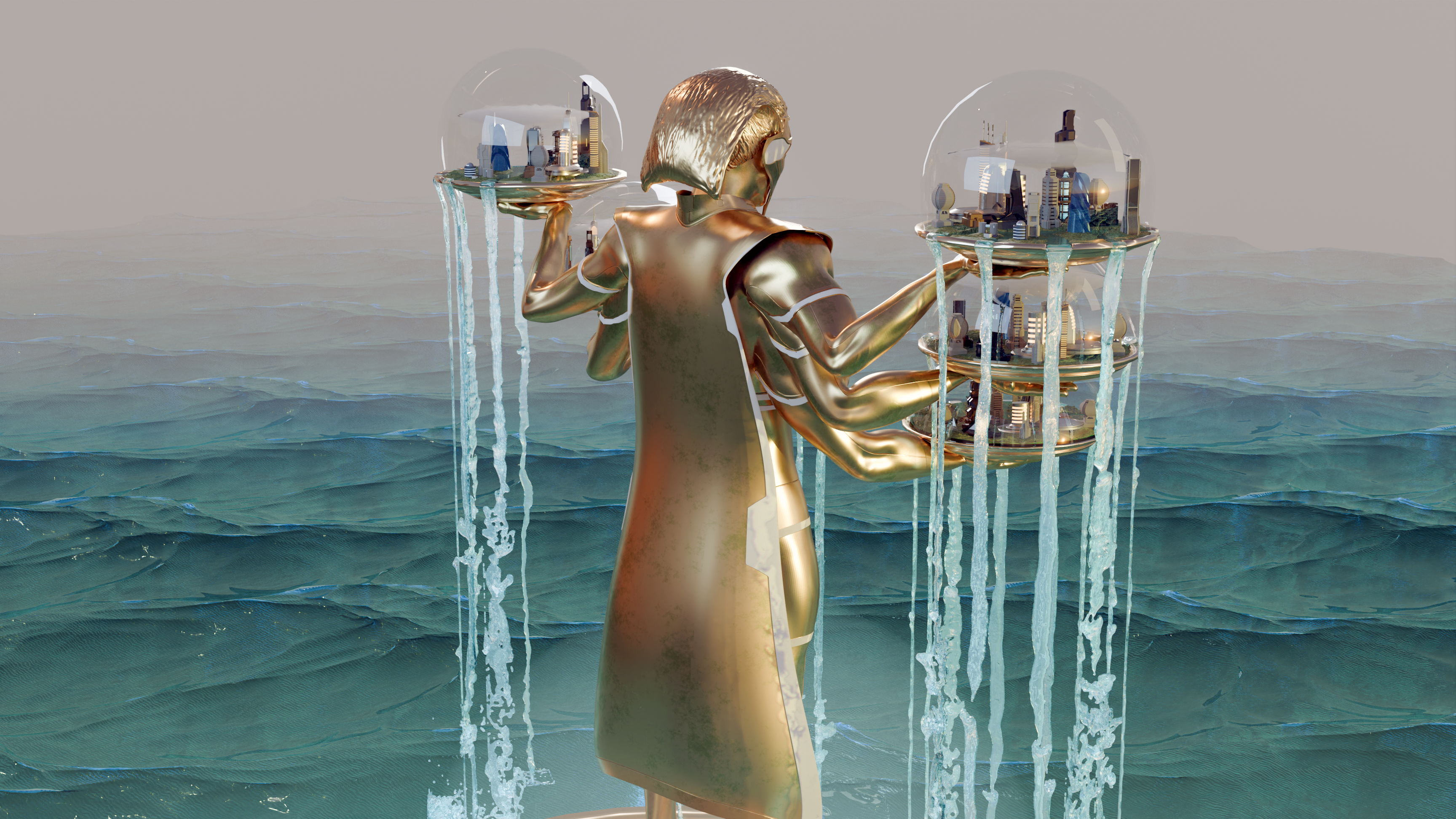 Golden multi-armed figure holding domed cities over the ocean
