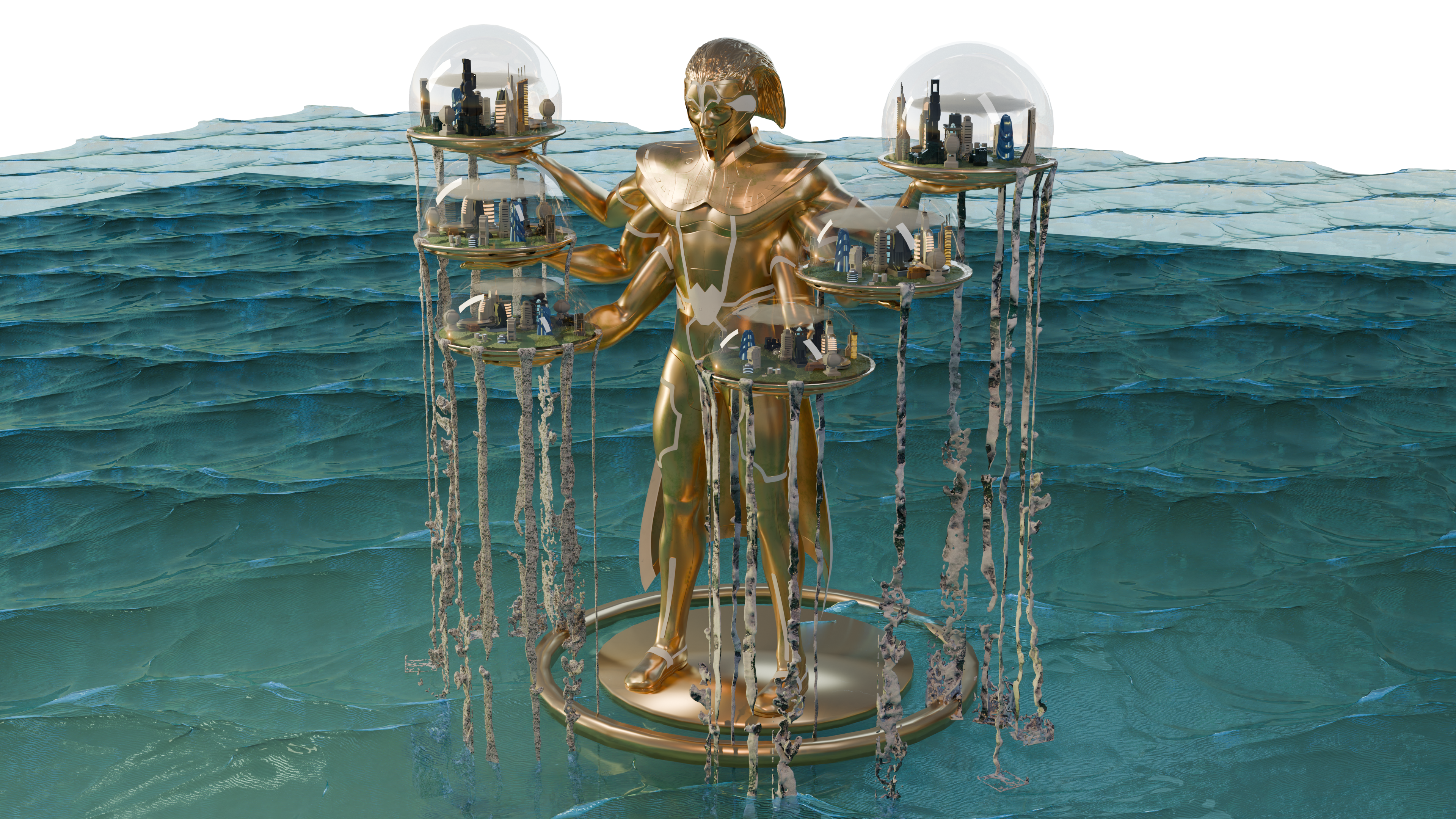 Golden multi-armed character holding miniature cities over blue water