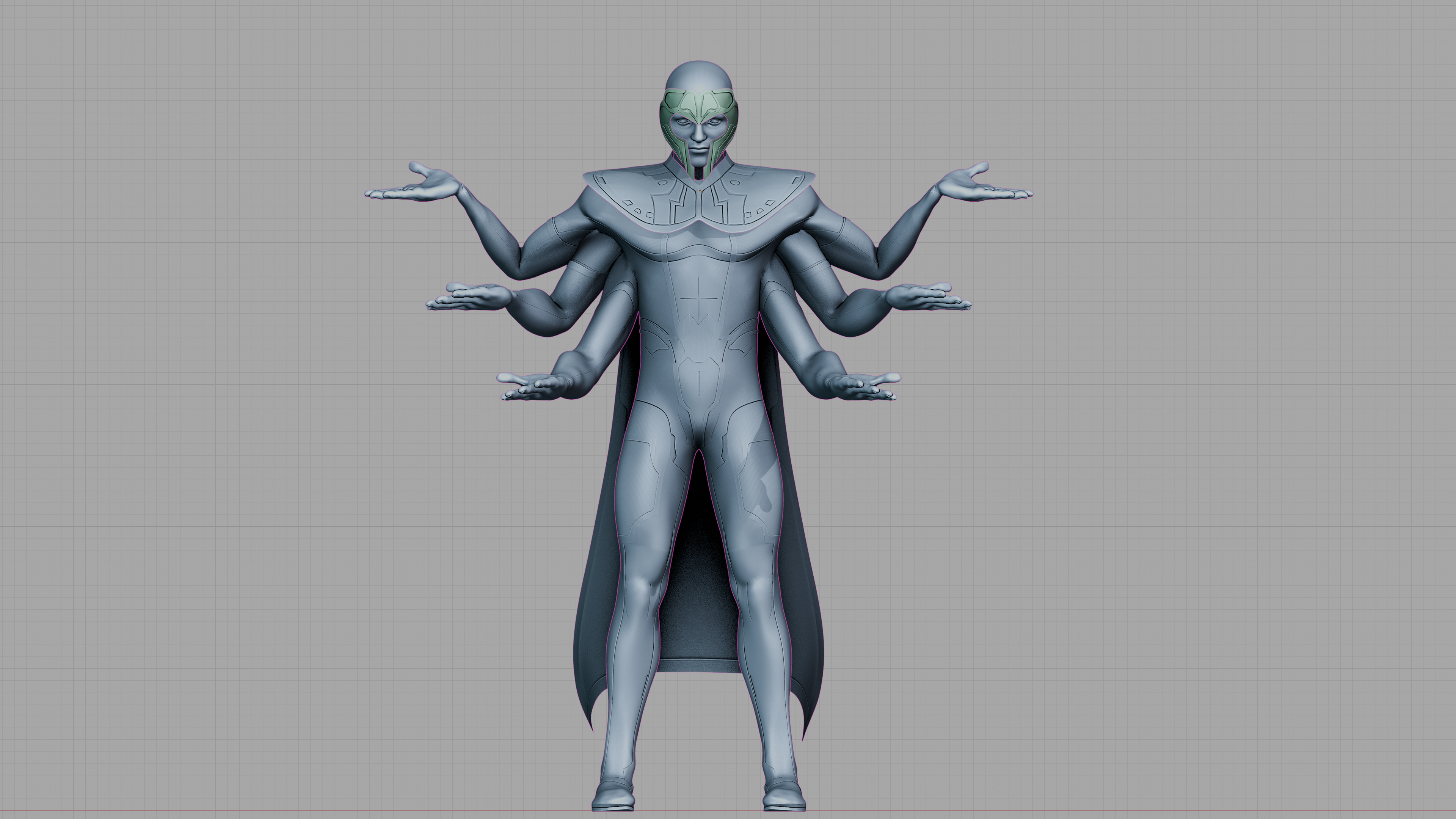 Grey clay render of a six-armed science-fiction character
