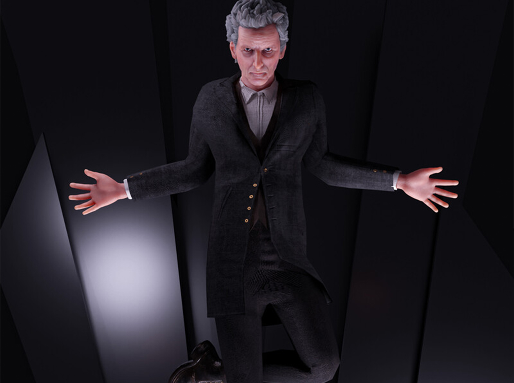 Grey-haired man in a dark suit with his arms outstretched