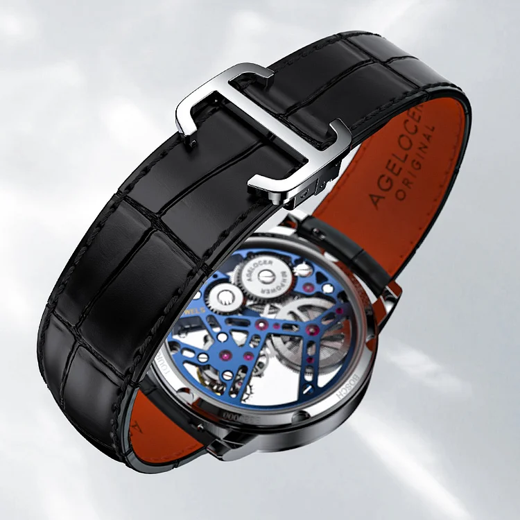Angled back view of a black leather-strap watch